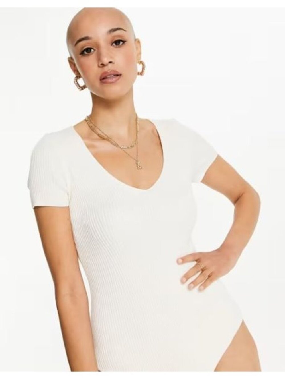 Calvin Klein Jeans Bodysuit Size Medium Ivory Ribbed Short Sleeve V Neck
